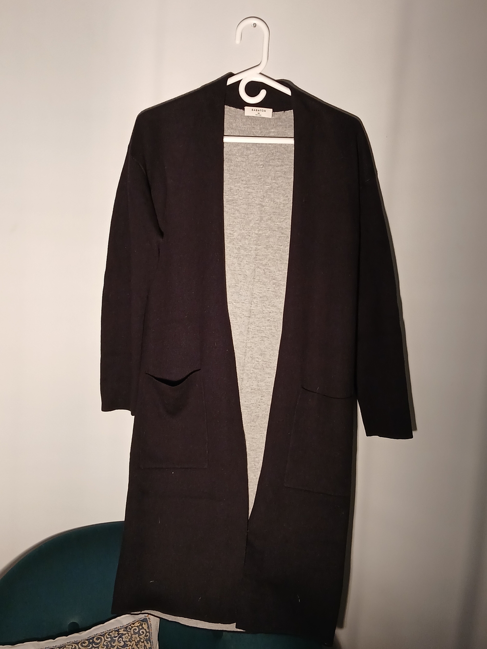 Aritzia Long Open-Front Cardigan in Black with Gray Lining